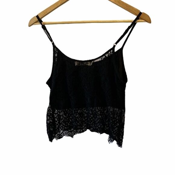 Black Cropped Lace Sheer Front Lined Tank Top S - Picture 4 of 9
